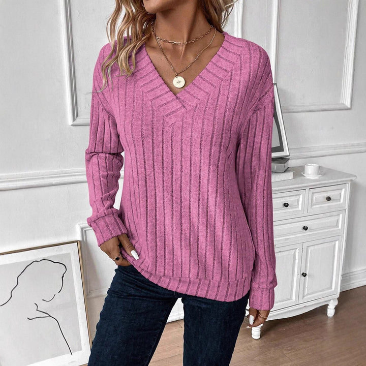 Damen lässiger Strickpullover mit V-Ausschnitt und Rippstruktur Drune