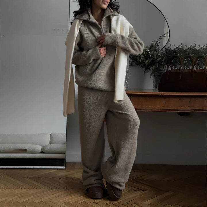 Damen Lässiges Strick-Loungewear-Set mit halbhoch geschlossenem Reißverschluss und lockerer Passform Drune