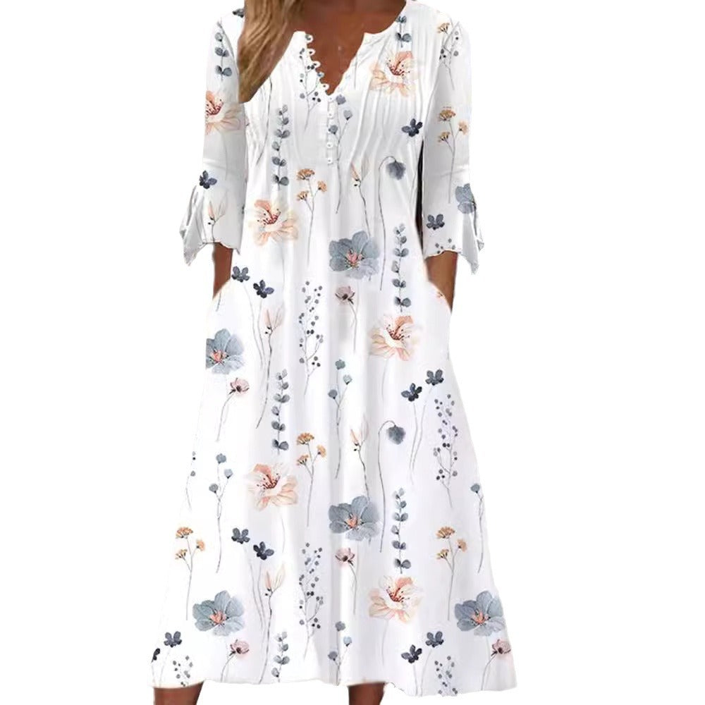 Damen nan fließendes Maxikleid mit V-Ausschnitt, Brustpasse, Volantärmeln und Eingrifftaschen Drune