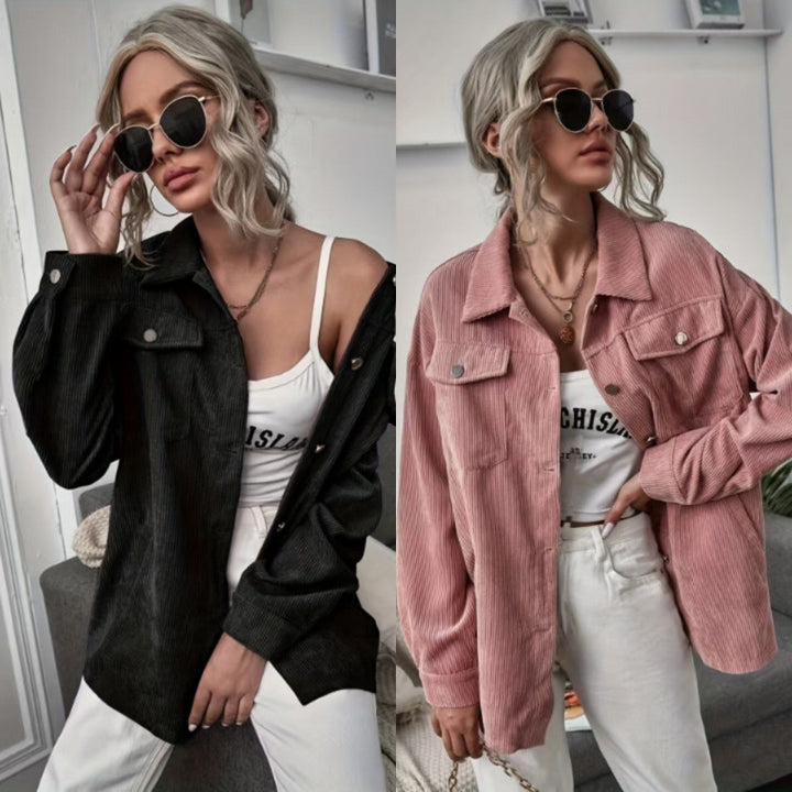 Damen Lässige Cordjacke mit dekorativen Knöpfen und praktischen Taschen Drune