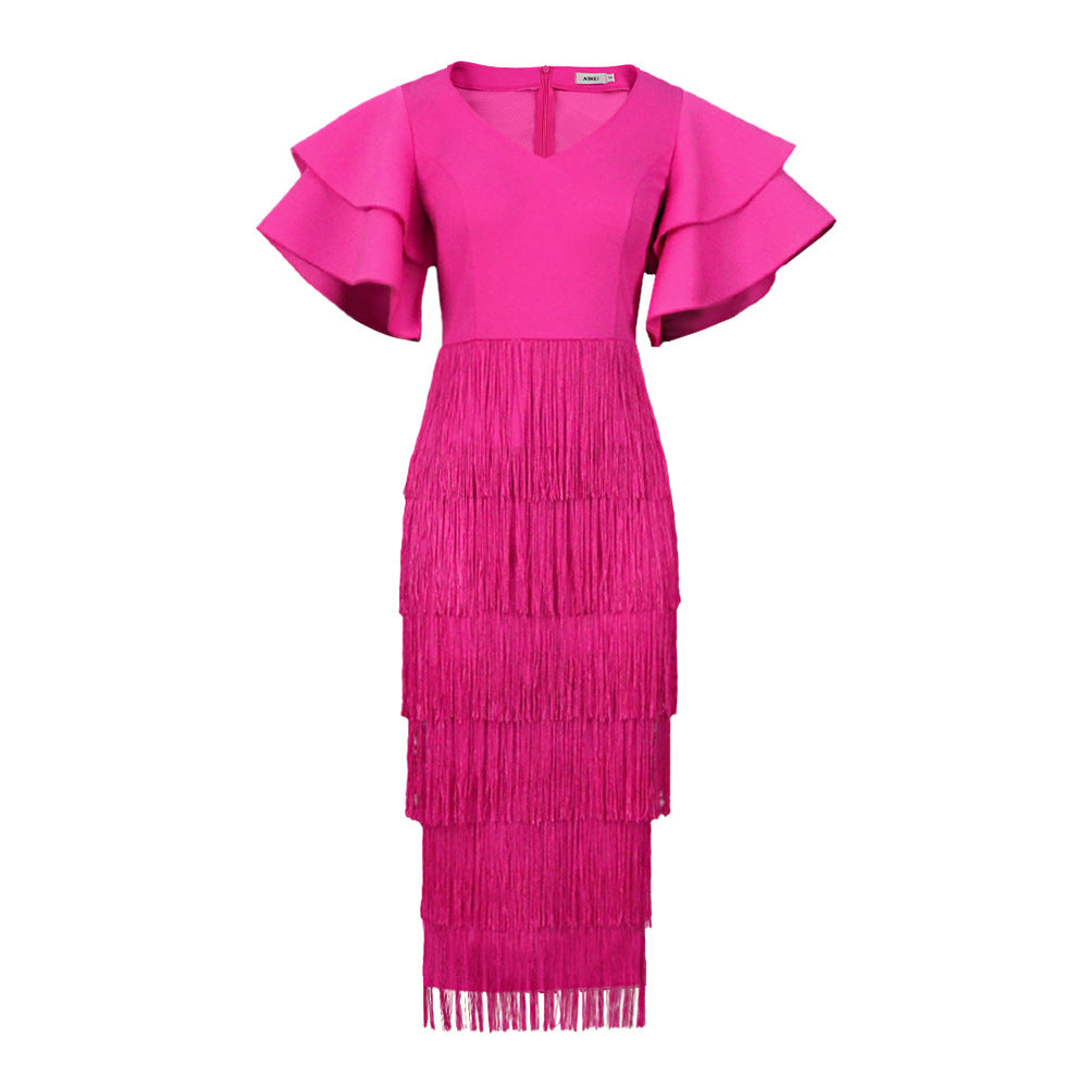 Damen Cocktailkleid mit voluminösen Rüschenärmeln und Fransen-Saum Drune