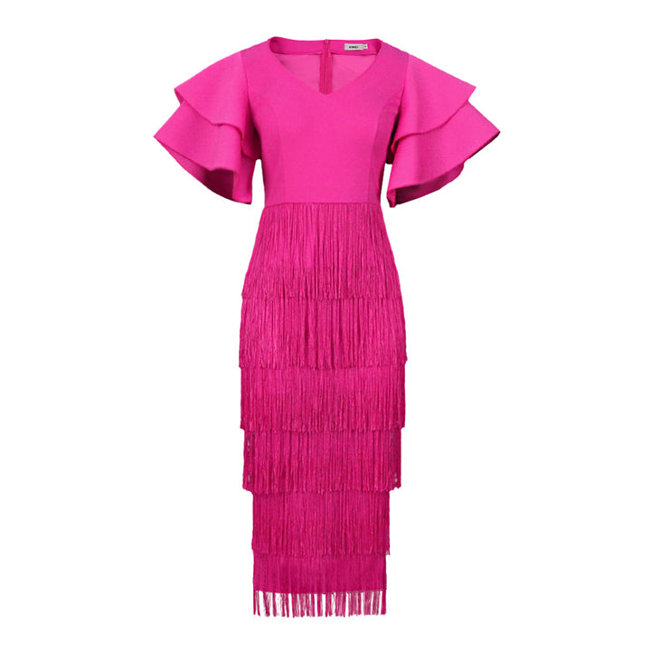 Damen Cocktailkleid mit voluminösen Rüschenärmeln und Fransen-Saum Drune