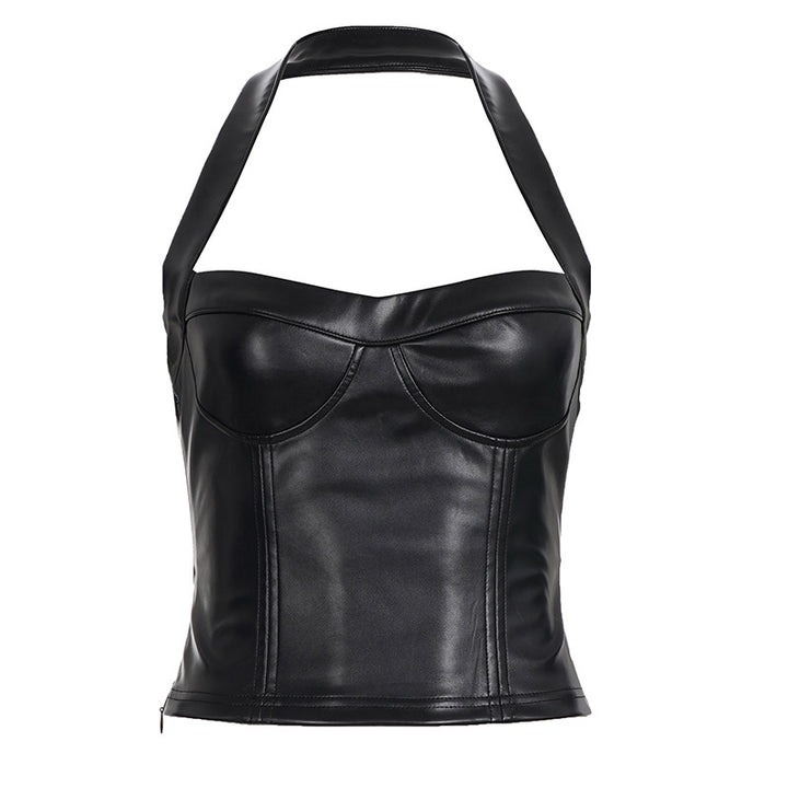 Damen Kunstleder Crop-Top mit romantischem Schnitt und verführerischem Bustier-Wirkung Drune