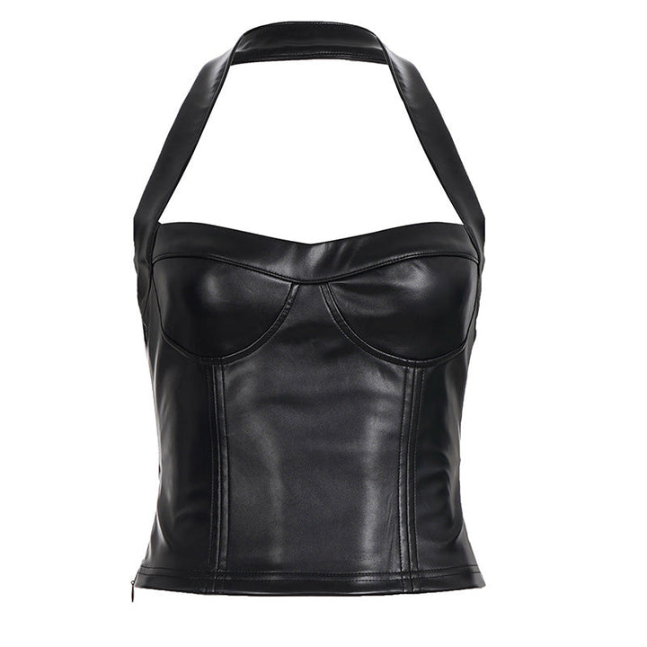 Damen Kunstleder Crop-Top mit romantischem Schnitt und verführerischem Bustier-Wirkung Drune