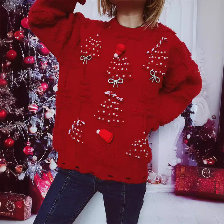 Damen Weihnachts-Pullover mit festlichem Motiv und 3D-Applikationen Drune