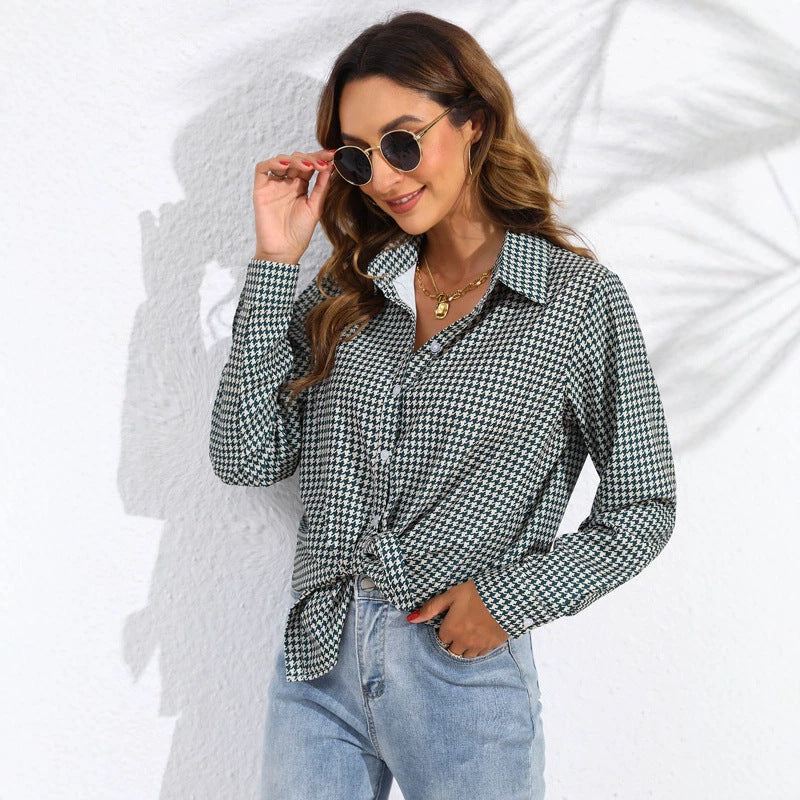 Damen nan geknotete Hahnentritt-Bluse mit Hemdkragen und durchgehender Knopfleiste Drune
