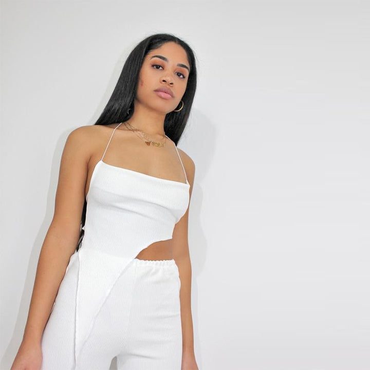 Damen asymmetrisches Crop-Top mit feinem Rippdesign und tiefem Ausschnitt Drune