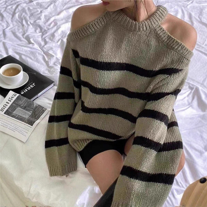 Damen Off-Shoulder Strickpullover mit Streifenmuster und lässigem Schnitt Drune