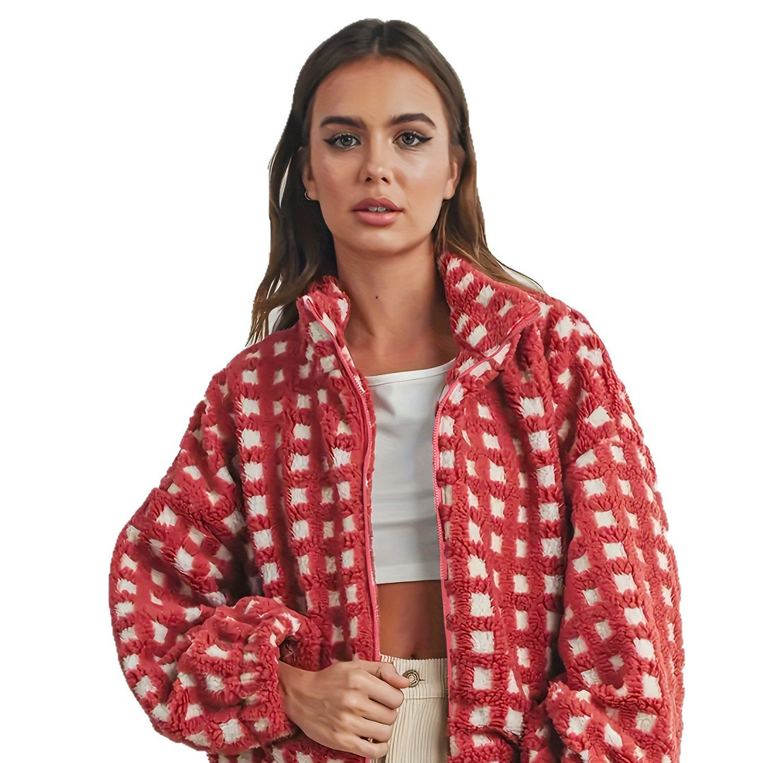 Damen kuschelige Oversized Fleecejacke mit Karomuster und hohem Kragen Drune