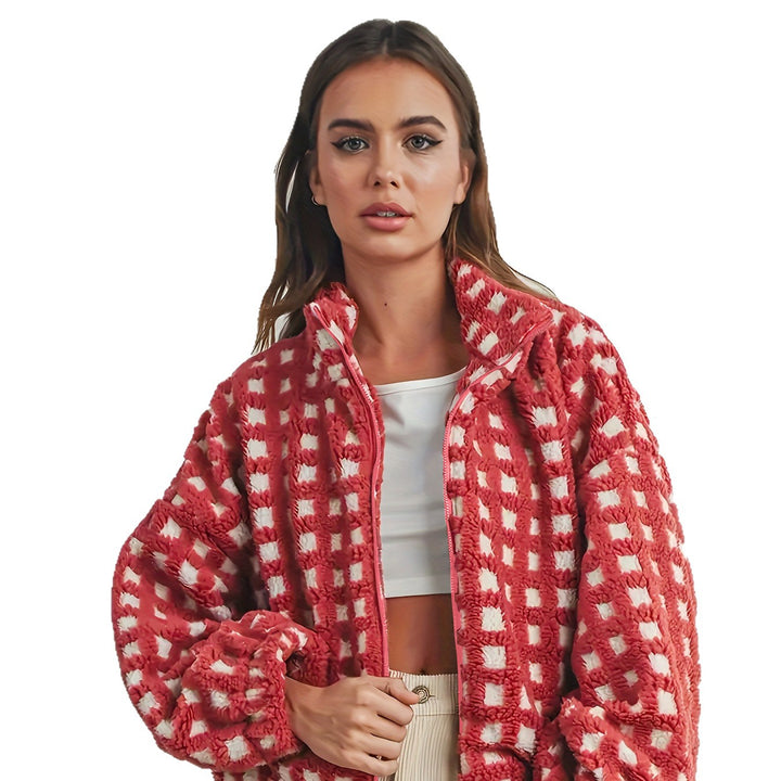 Damen kuschelige Oversized Fleecejacke mit Karomuster und hohem Kragen Drune