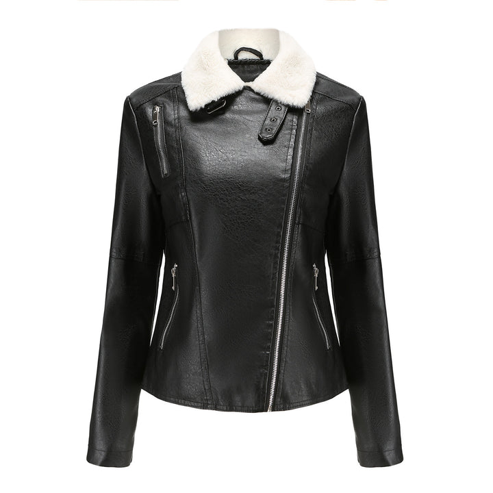 Damen nan taillierte Kunstleder-Bikerjacke mit abnehmbarem Kunstfellkragen und schrägem Reißverschluss Drune