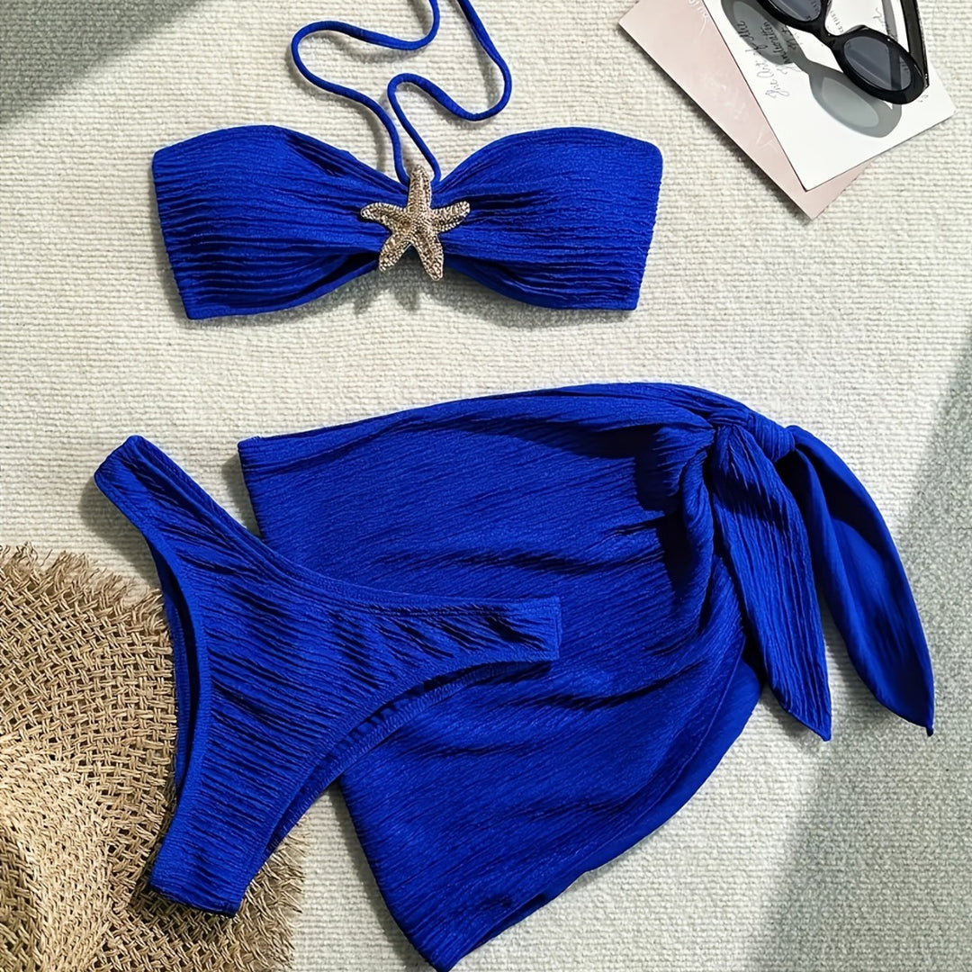 Damen Bandeau-Bikini-Set mit verspieltem Wickelrock und funkelndem Starfish-Detail Drune