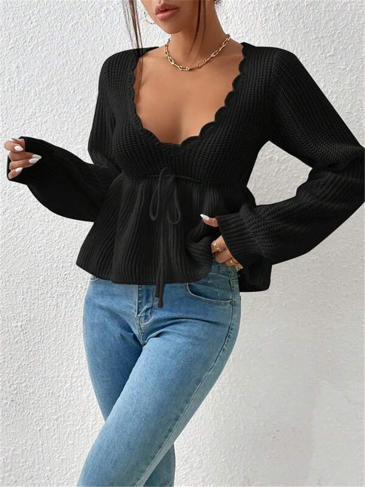 Damen Strickpullover mit dekorativem Rundhalsausschnitt und Kordelzug Drune