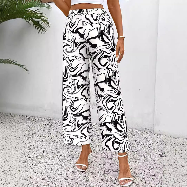 Damen Weite Palazzo-Hose mit modernem Marmorprint und elastischem Bund Drune