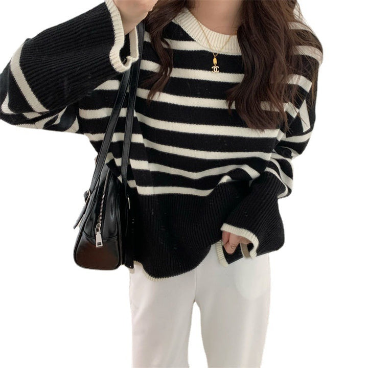 Damen lässiger gestreifter Pullover mit weitem Schnitt Drune