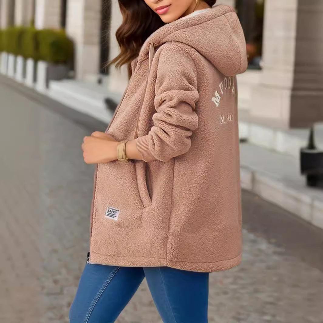 Damen Kapuzen-Sherpa-Jacke mit gestickten Details Drune