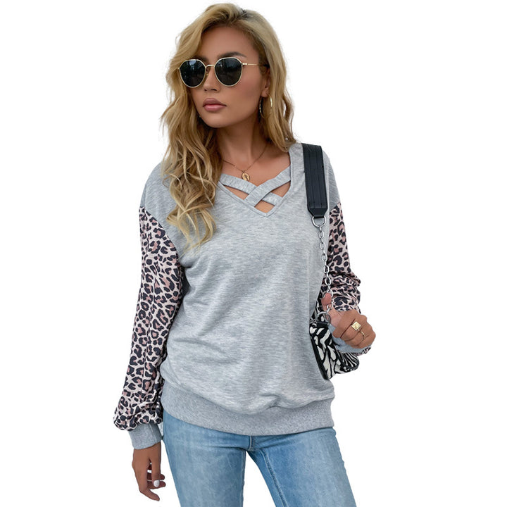 Damen modischer Pullover mit trendigen Animal-Print-Ärmeln und raffiniertem V-Ausschnitt Drune