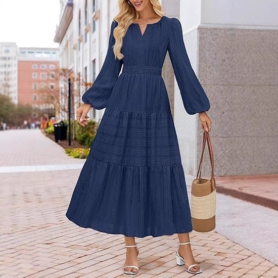 Damen Maxikleid mit eleganten Puffärmeln und gesmoktem Taillenbereich Drune