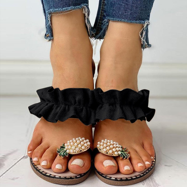 Damen nan Rüschen-Slipper mit Perlen-Ananas-Applikation und dekorativer Zierkante Drune