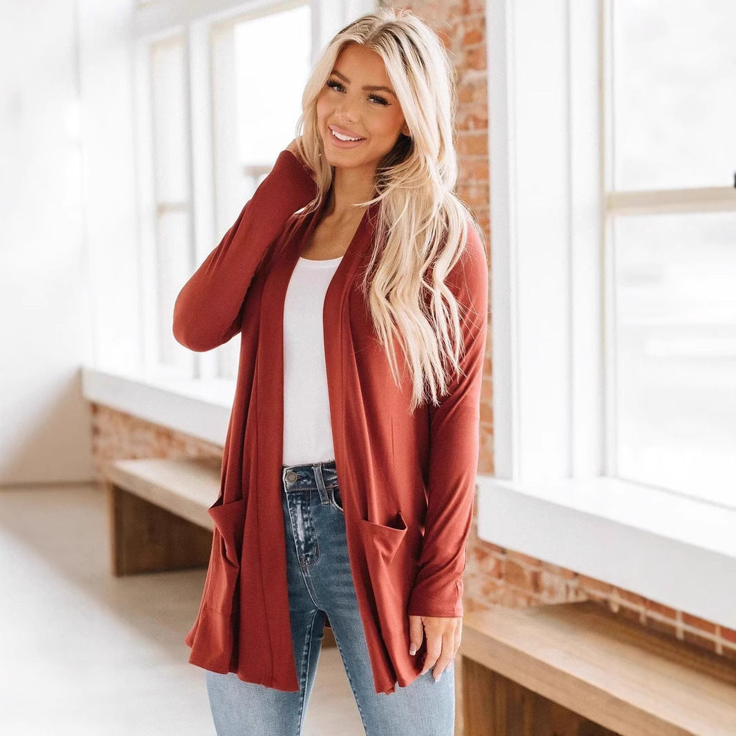 Damen langer Cardigan mit offenen Front und Taschen Drune