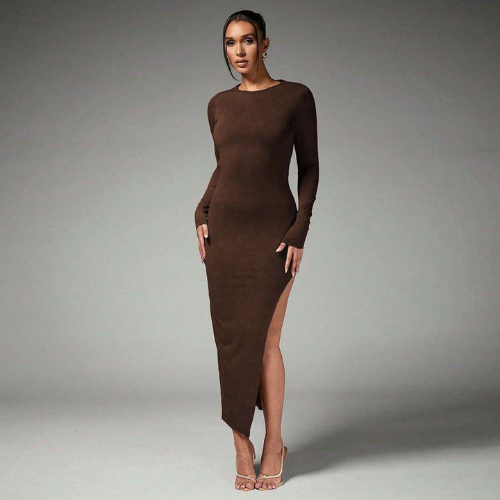 Damen elegantes Maxikleid mit langem Arm und seitlichem Schlitz Drune