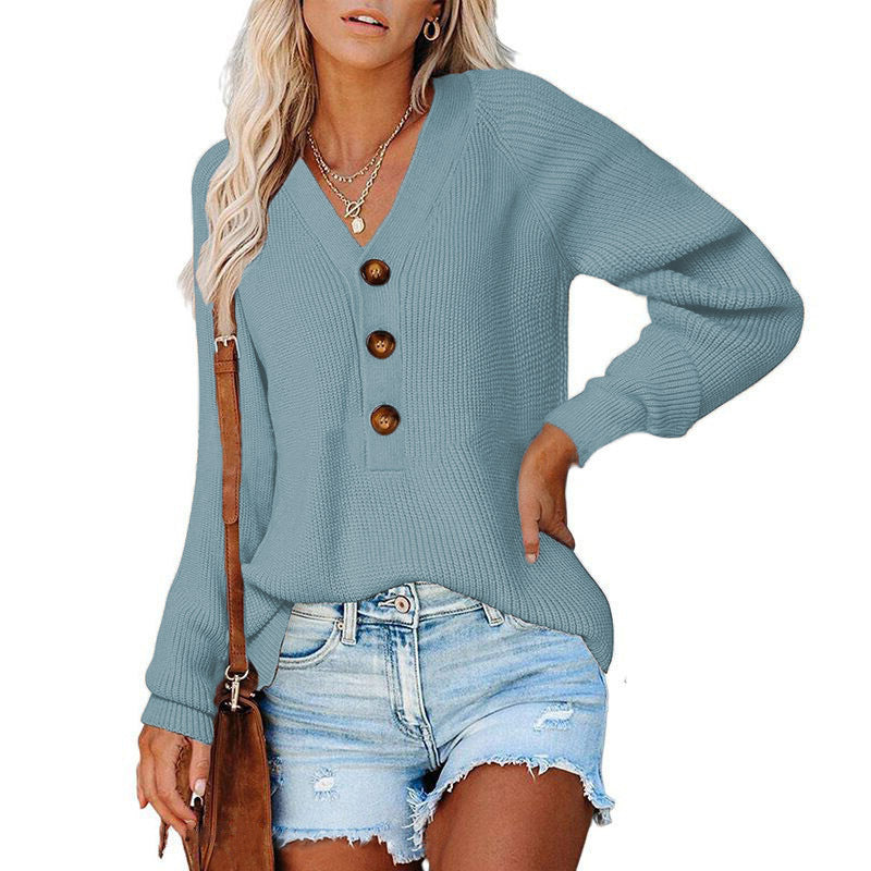 Damen lässiger Strickpullover mit Knopfdetail und V-Ausschnitt Drune