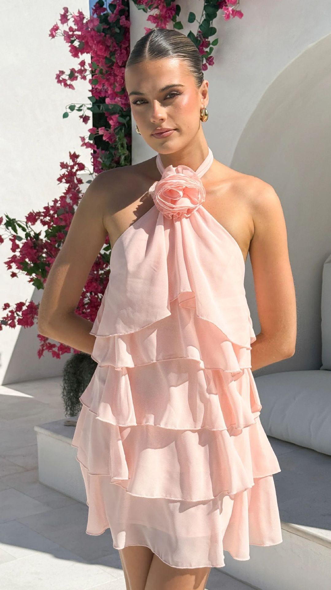 Damen Halterneck Rüschenkleid mit mehrlagigem Design Drune