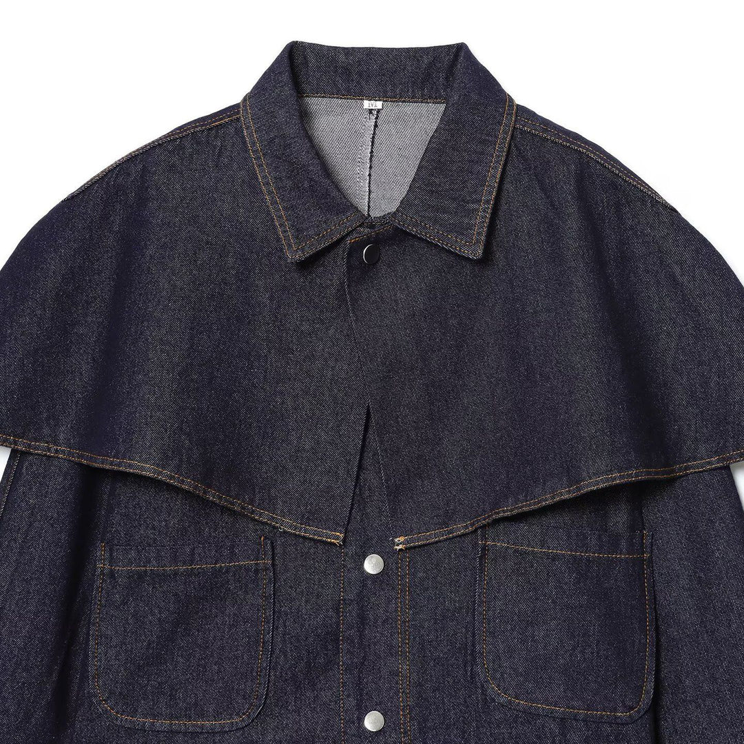 Damen nan cropped Jeansjacke mit Cape-Überwurf, Druckknopfverschluss und aufgesetzten Taschen Drune