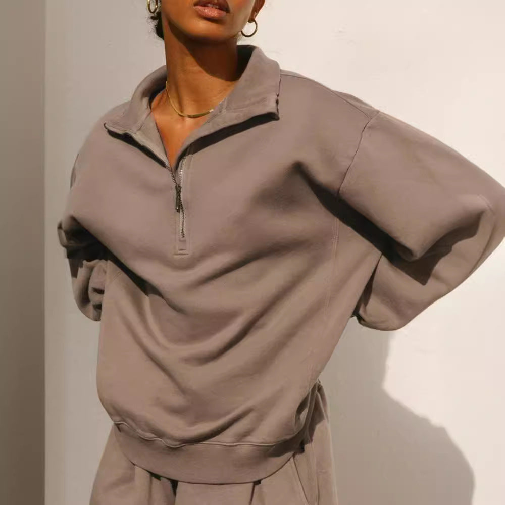 Damen lässiger Zip-Pullover mit hohem Kragen und weitem Schnitt Drune