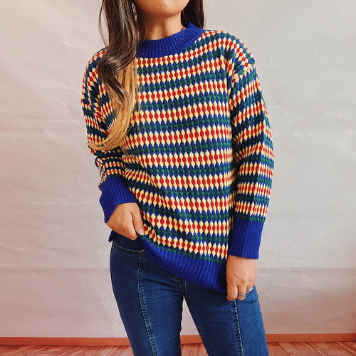 Damen lässiger Strickpullover mit buntem Rautenmuster und Rundhalsausschnitt Drune