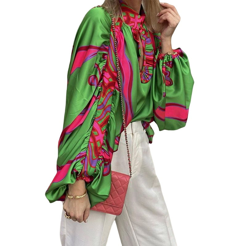 Damen Stylische Bluse mit voluminösen Ärmeln und farbenfrohem Muster Drune