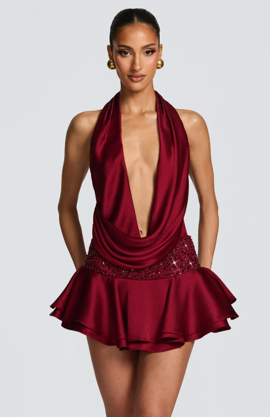 Damen elegantes Wickelkleid mit tiefem V-Ausschnitt und schwingendem Rock Drune