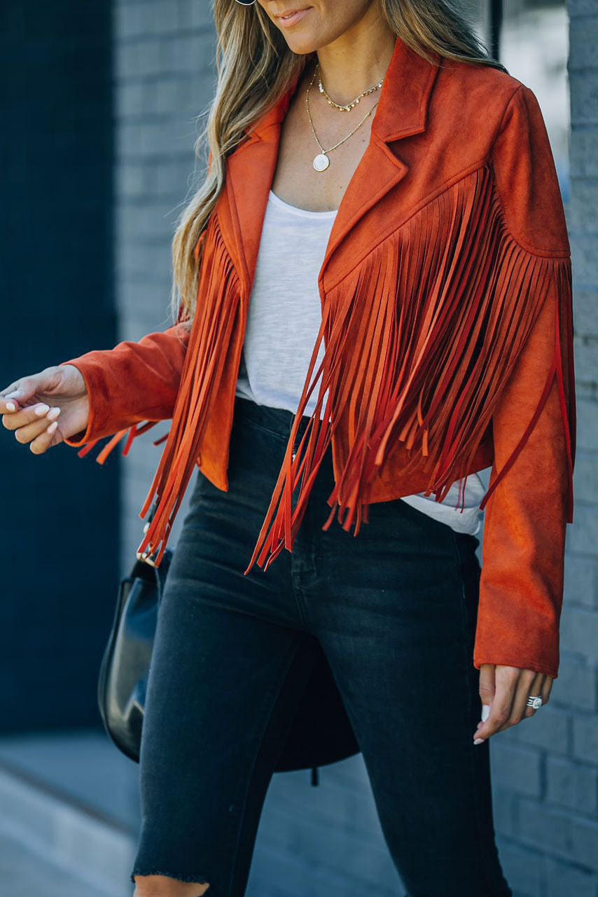 Drune | Revers Langarm Fransen Crop Hippie Jacke