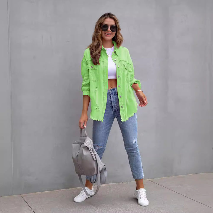 Damen nan oversized Jeanshemdjacke mit ausgefranstem Saum und distressed Details Drune