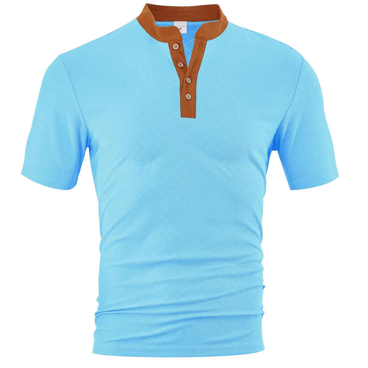 Herren nan schlankes Kurzarm-Henley-Poloshirt mit Mandarin-Kragen und feiner Jacquardstruktur Drune