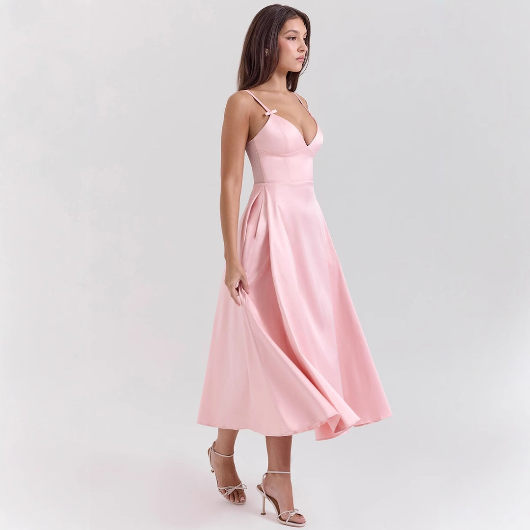 Damen Maxi-Kleid mit elegantem V-Ausschnitt und fließendem Rock Drune