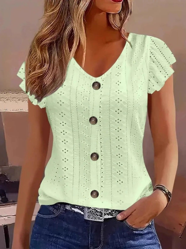 Damen luftige Bluse mit filigranem Lochmuster und Knopfdetails Drune