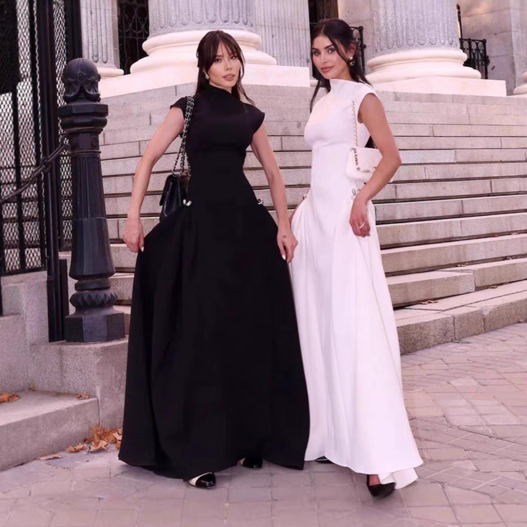 Damen elegantes bodenlanges Kleid mit außergewöhnlichem Kragen und innovativer Silhouette Drune
