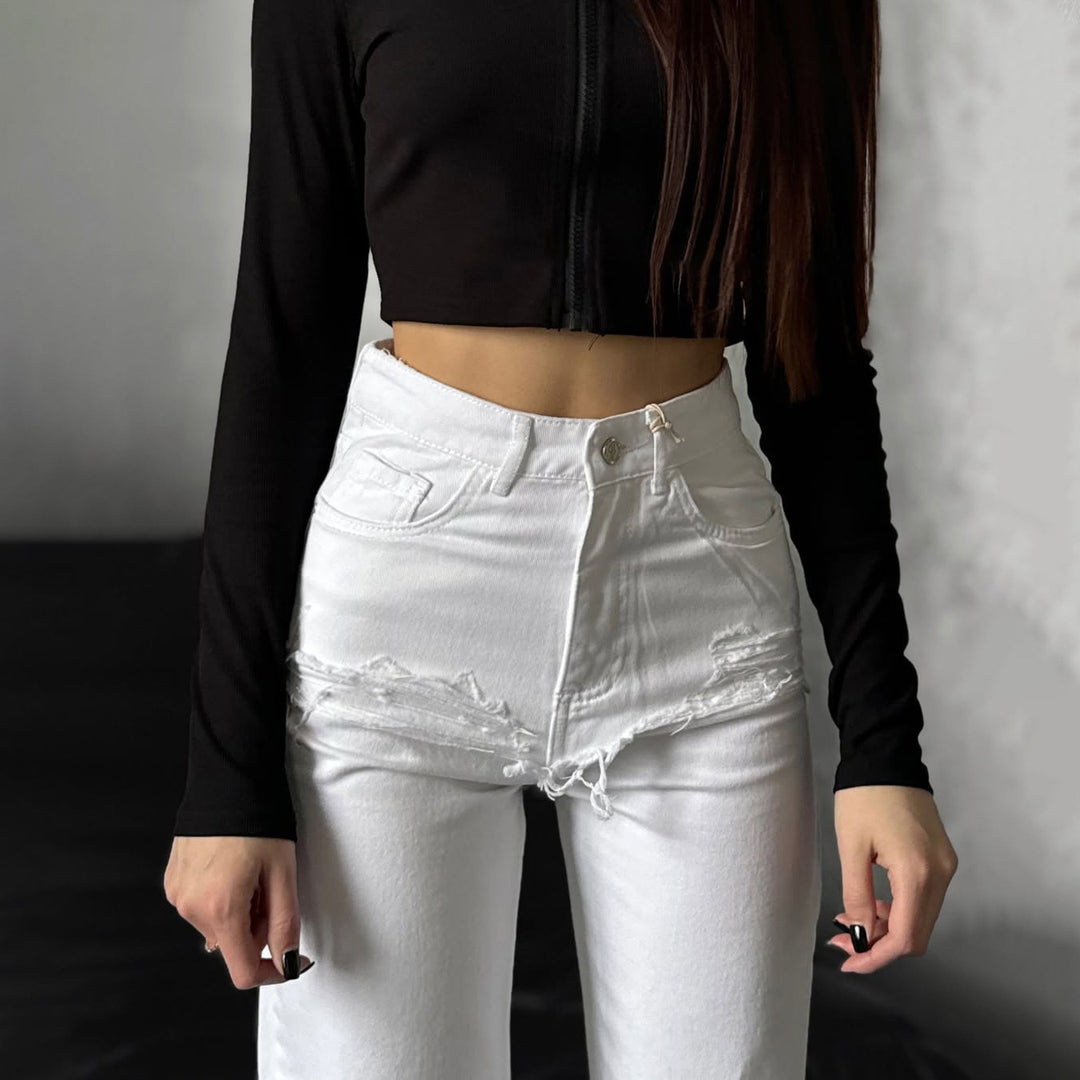 Damen Hohe Taillenjeans mit weitem Bein und Bindegürtel Drune