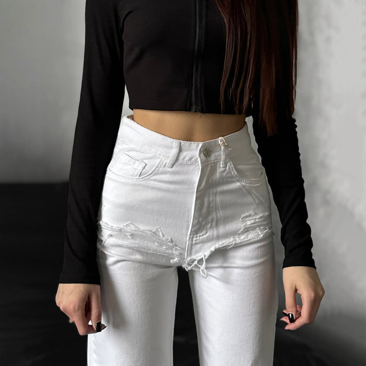 Damen Hohe Taillenjeans mit weitem Bein und Bindegürtel Drune