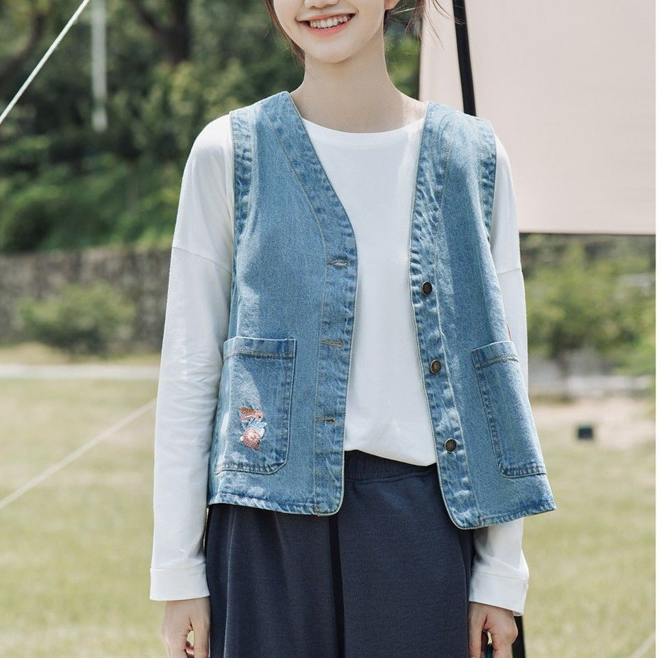Damen modische Jeansweste mit Taschen und Knopfdetails Drune
