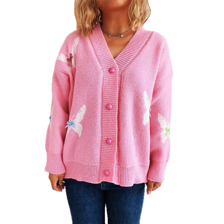 Damen kuschelige Strickjacke mit buntem Schmetterlingsdesign und Knopfleiste Drune