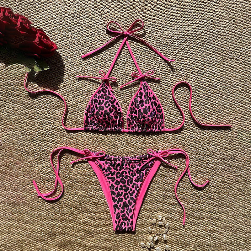 Damen Triangel-Bikini mit detailliertem Tropenmotiv und verstellbaren Bindebändern Drune