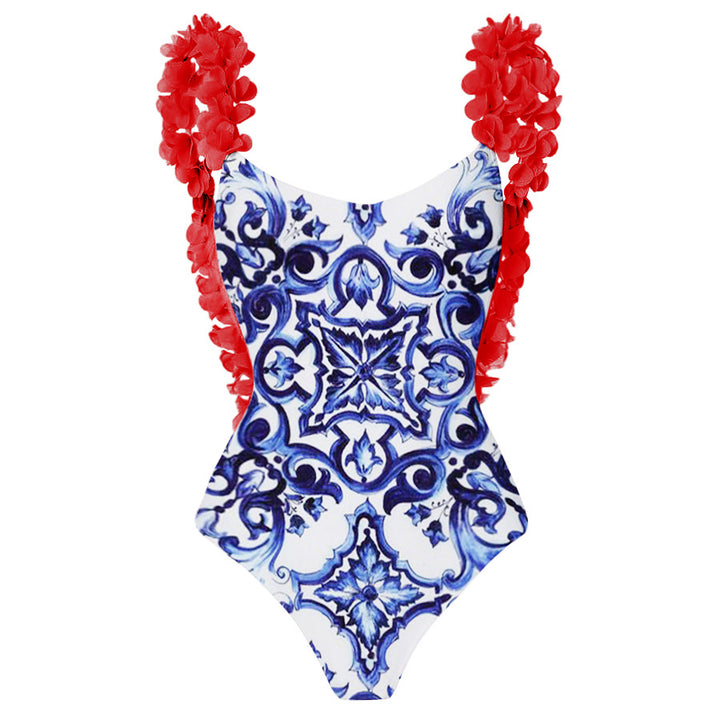 Damen eleganter Badeanzug mit Rüschendetails und passendem Maxirock Drune