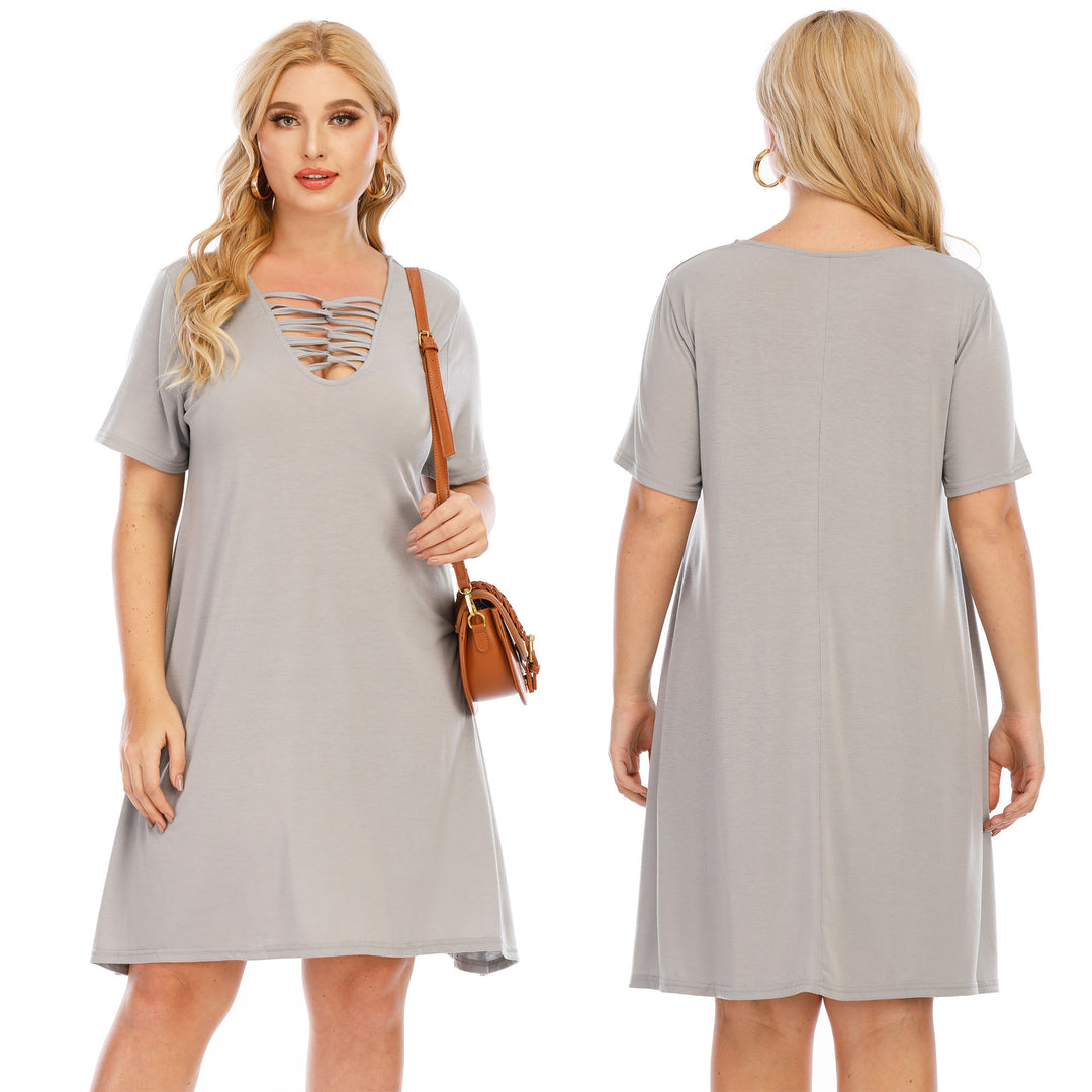 Damen lässiges Loose-Fit Kleid mit V-Ausschnitt und modernen Schnürdetails Drune