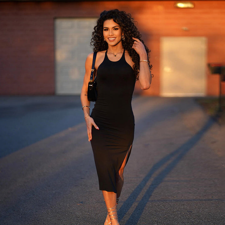 Damen figurbetontes Midikleid mit Schlitz und modernen Spaghettiträgern Drune