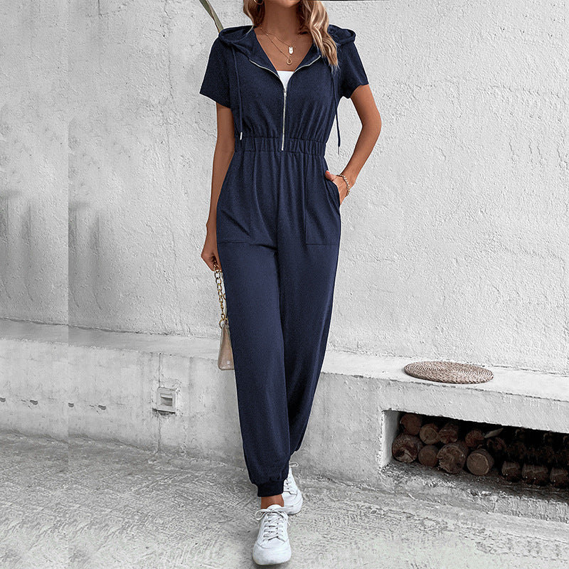 Damen moderner Kurzarm-Jumpsuit mit praktischen Taschen und Kapuze Drune
