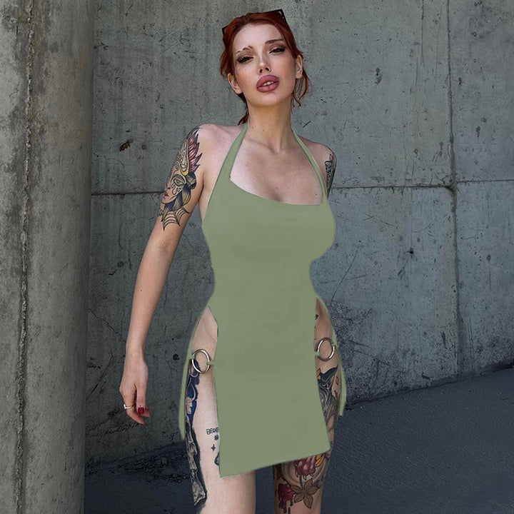 Damen sexy und modisches Halterkleid mit offenen Seiten und Ringelementen Drune