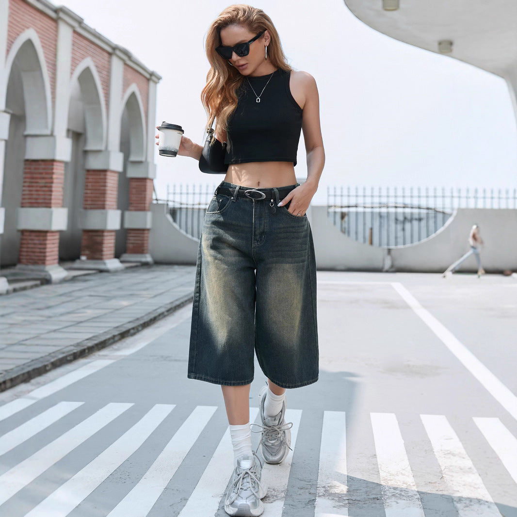 Damen Weite Denim-Culotte mit modischer Nackenbindung Drune