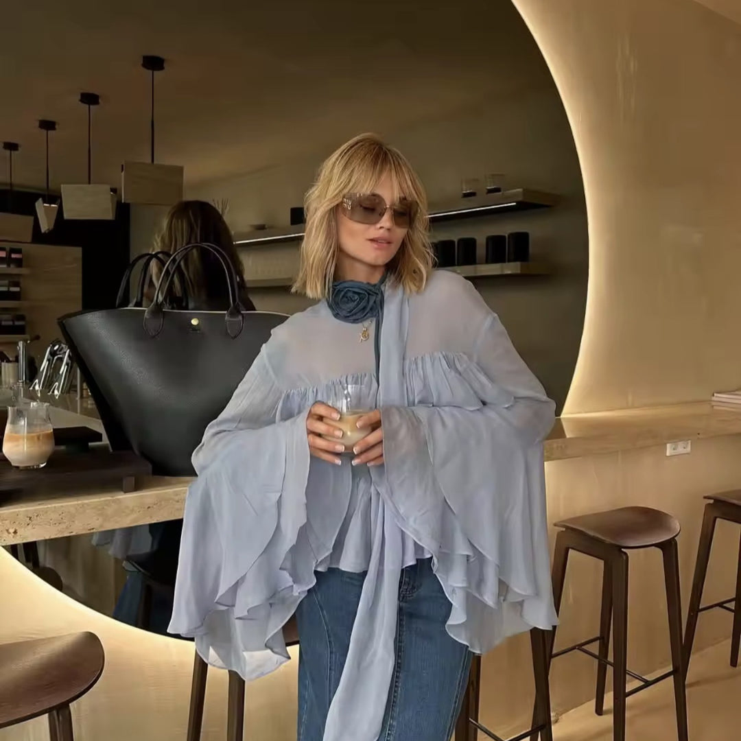 Damen Bluse mit voluminösem Rüschendesign und weit schwingenden Ärmeln Drune